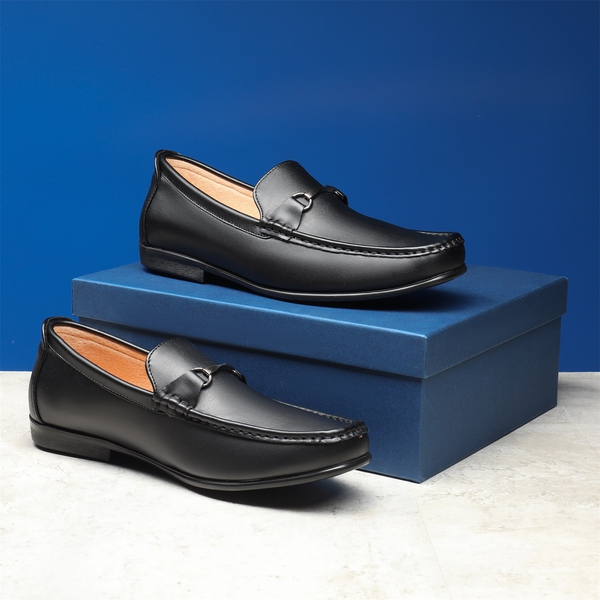 Men's PU Leather Metallic Horsebit Loafers - BLACK - 8